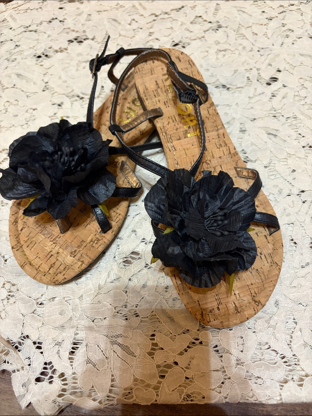 Report Black Floral Cork-Style Thong Sandals